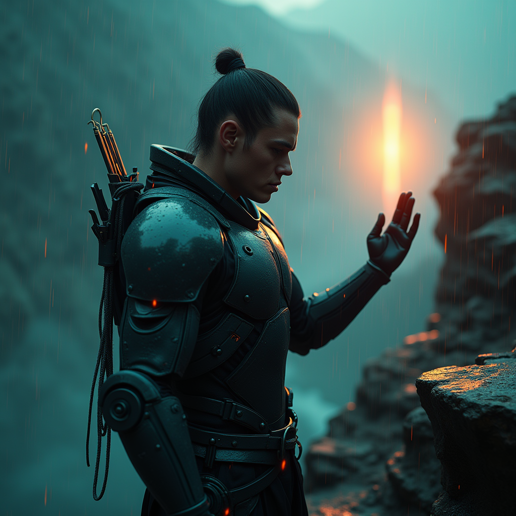 Cyberpunk — Warrior In Intricately Detailed Armor Catching Cinematic #0339 (Krea)