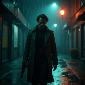 Dark Cinematic — Detective In A Rain-damp Trench Coat Cinematic #0155 (FLUX)
