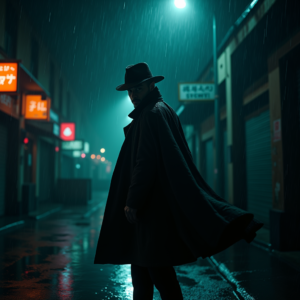 Dark Cinematic — Detective In A Rain-damp Trench Coat Cinematic #0237 (Midjourney)