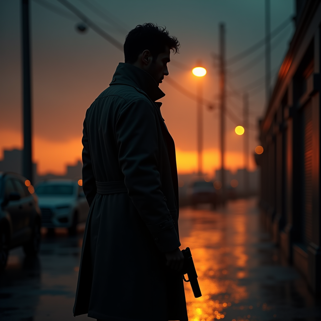 Dark Cinematic — Detective In A Rain-damp Trench Coat Cinematic #0249 (Midjourney)