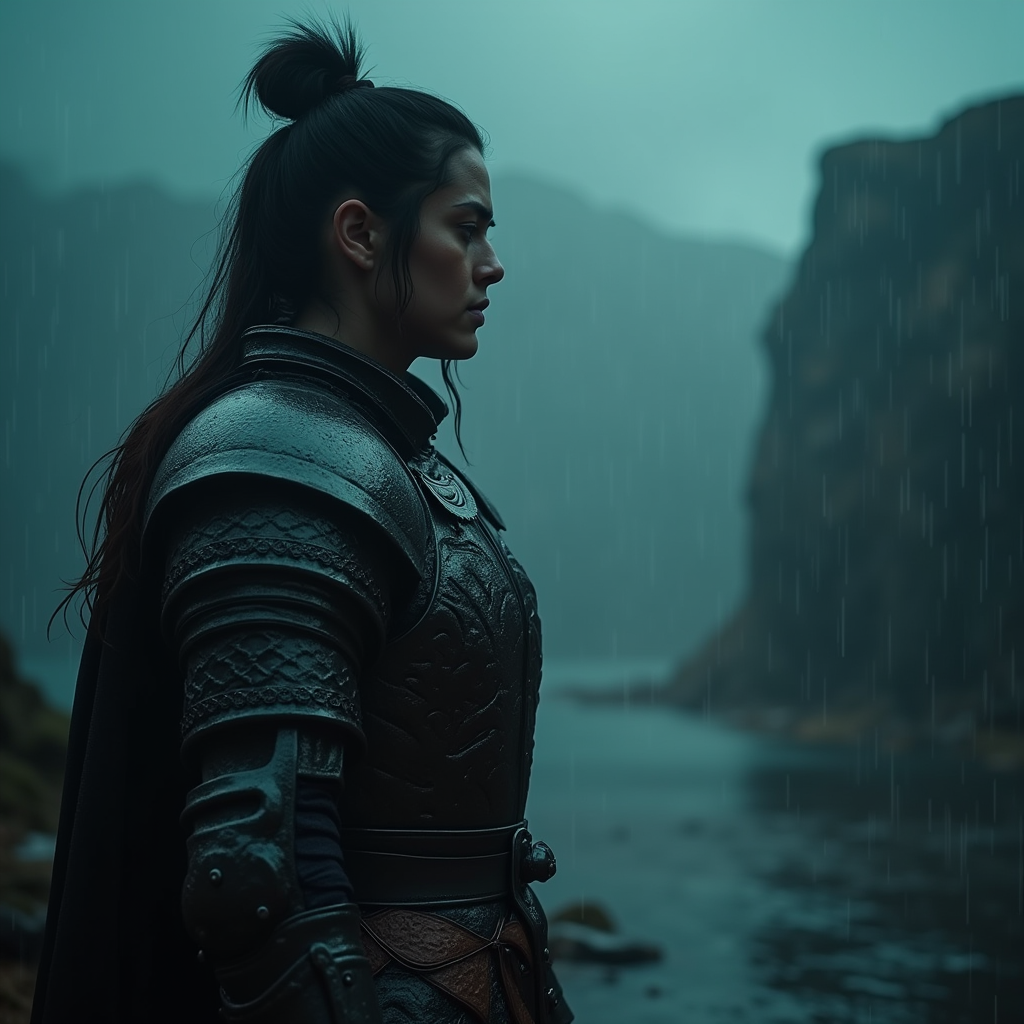 Dark Cinematic — Warrior In Intricately Detailed Armor Catching Cinematic #0128 (Dreamina)