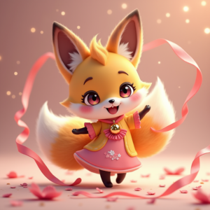 Fantasy Characters — Chibi-style Fox Spirit With Fluffy Tri-colour Character #0139 (Krea)