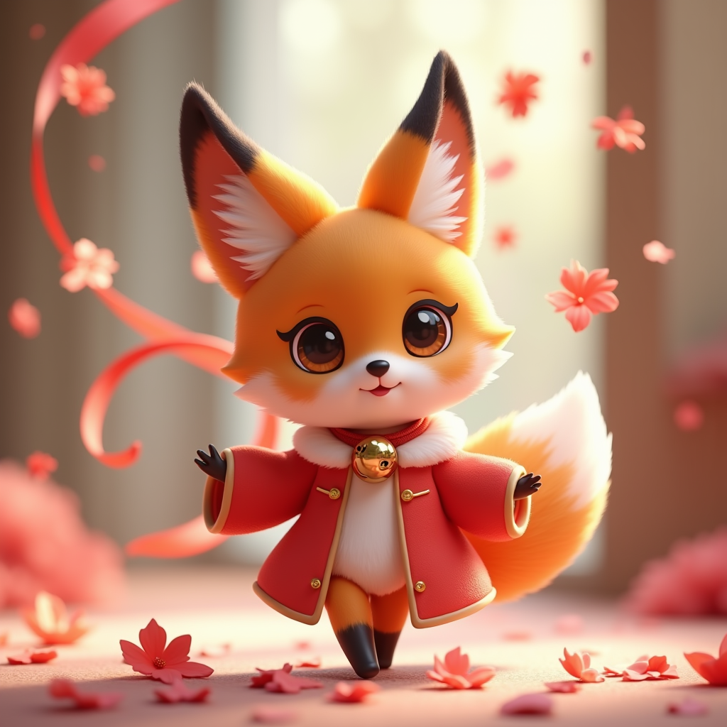 Fantasy Characters — Chibi-style Fox Spirit With Fluffy Tri-colour Character #0175 (Krea)