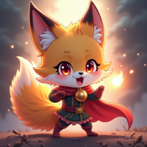 Fantasy Characters — Chibi-style Fox Spirit With Fluffy Tri-colour Character #0223 (Krea)