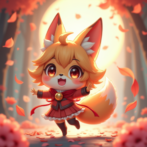 Fantasy Characters — Chibi-style Fox Spirit With Fluffy Tri-colour Character #0228 (Ideogram)