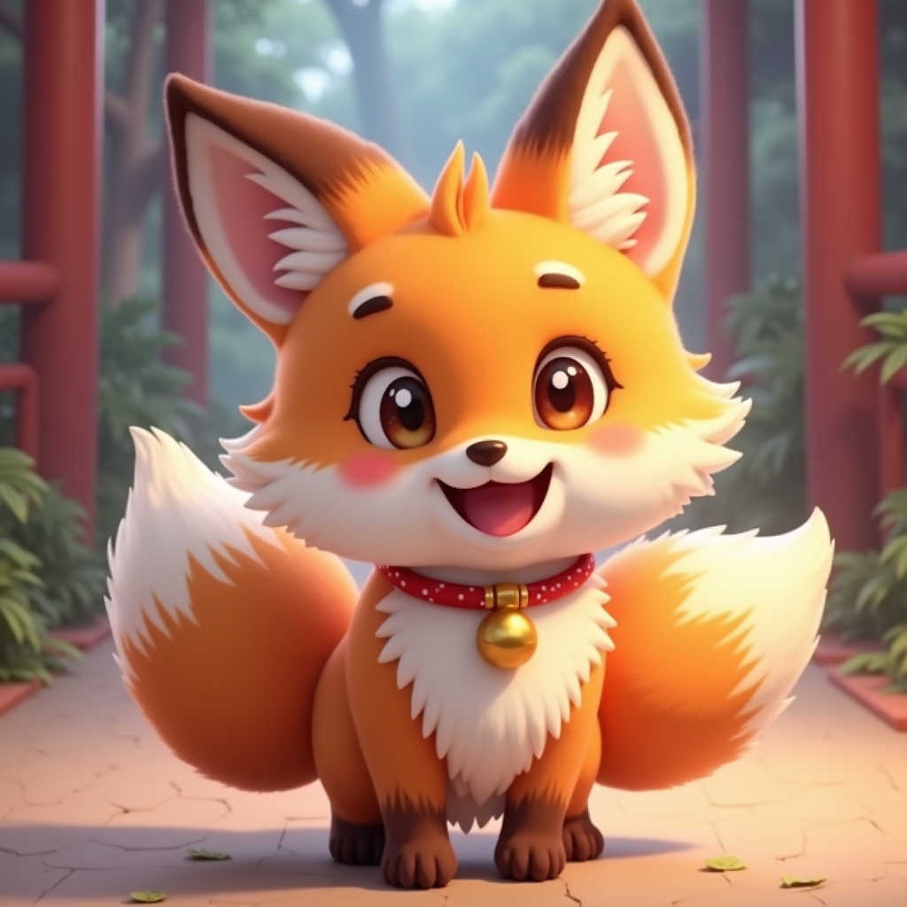 Fantasy Characters — Chibi-style Fox Spirit With Fluffy Tri-colour Character #0246 (FLUX)
