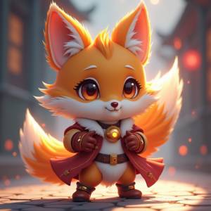 Fantasy Characters — Chibi-style Fox Spirit With Fluffy Tri-colour Character #0348 (Ideogram)