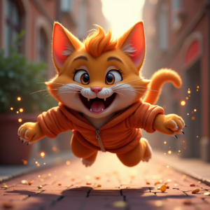 Fantasy Characters — Mischievous Cartoon Cat Character Mid-pounce With Character #0346 (Firefly)