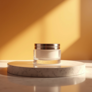 Fashion — Frosted-glass Cosmetics Jar With A Brushed-silver Product Ads #0104 (Stable Diffusion)