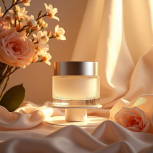 Fashion — Frosted-glass Cosmetics Jar With A Brushed-silver Product Ads #0140 (Stable Diffusion)