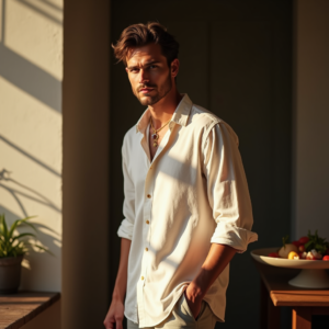 Fashion — Man In A Relaxed Linen Shirt Photography #0260 (Krea)
