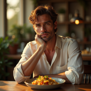 Food Photography — Man In A Relaxed Linen Shirt Photography #0080 (Firefly)