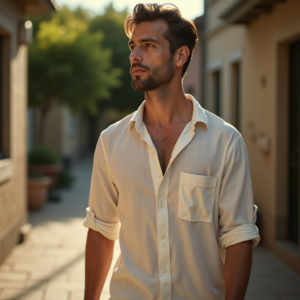 Food Photography — Man In A Relaxed Linen Shirt Photography #0329 (Krea)