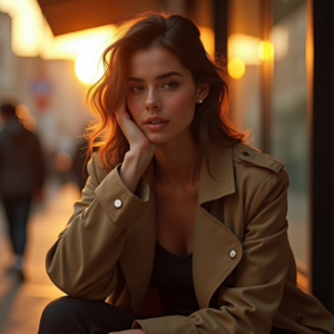 Food Photography — Model In A Structured Trench Coat Photography #0012 (Seedream)