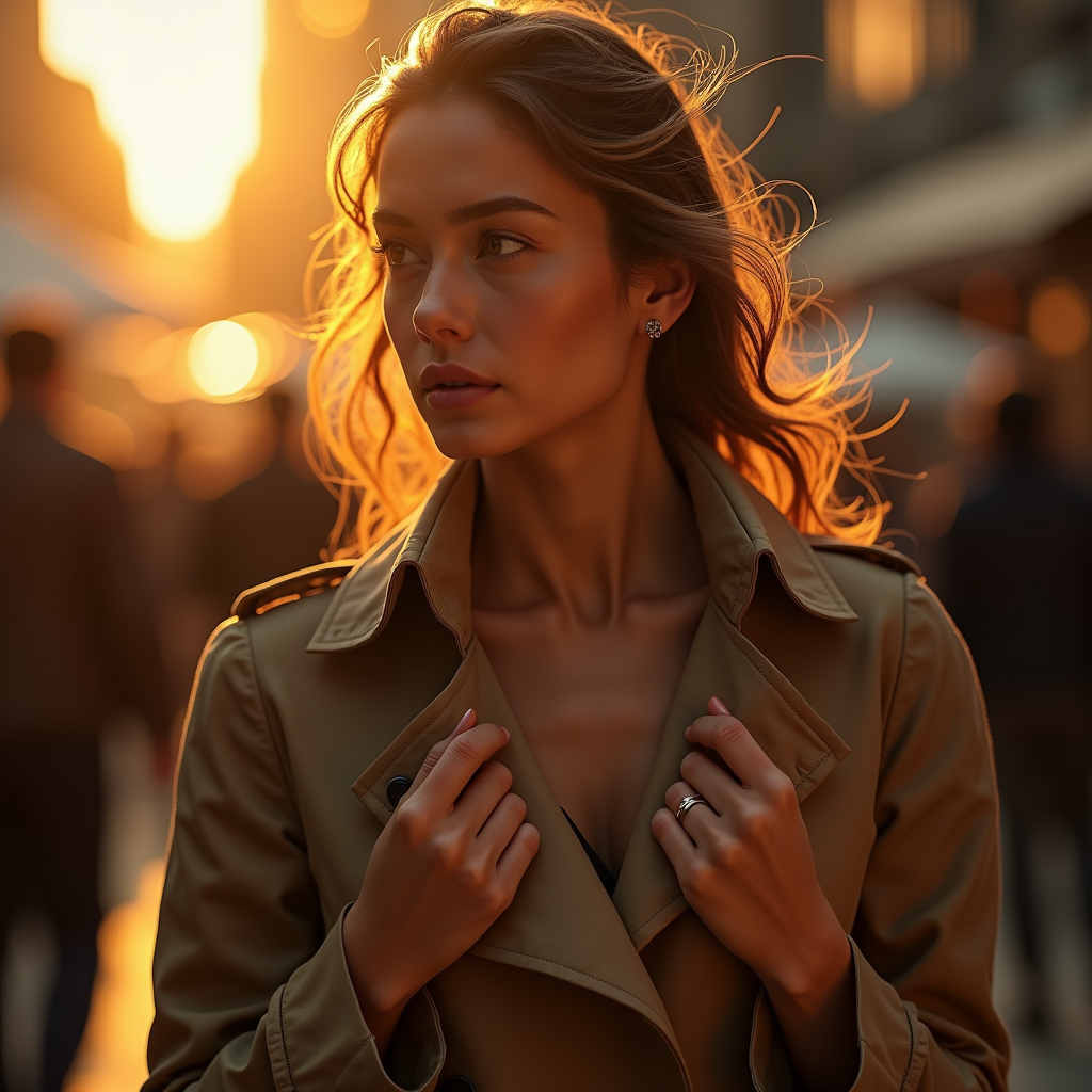 Food Photography — Model In A Structured Trench Coat Photography #0144 (Seedream)