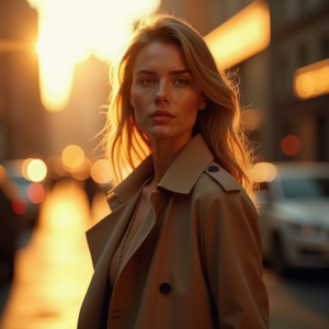 Food Photography — Model In A Structured Trench Coat Photography #0174 (Gemini)