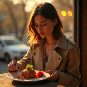 Food Photography — Model In A Structured Trench Coat Photography #0204 (Seedream)