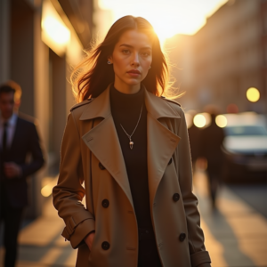 Food Photography — Model In A Structured Trench Coat Photography #0222 (Gemini)