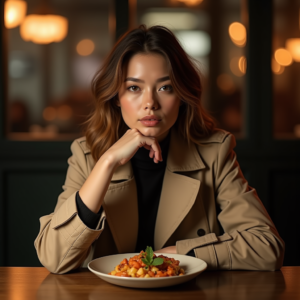 Food Photography — Model In A Structured Trench Coat Photography #0267 (Stable Diffusion)