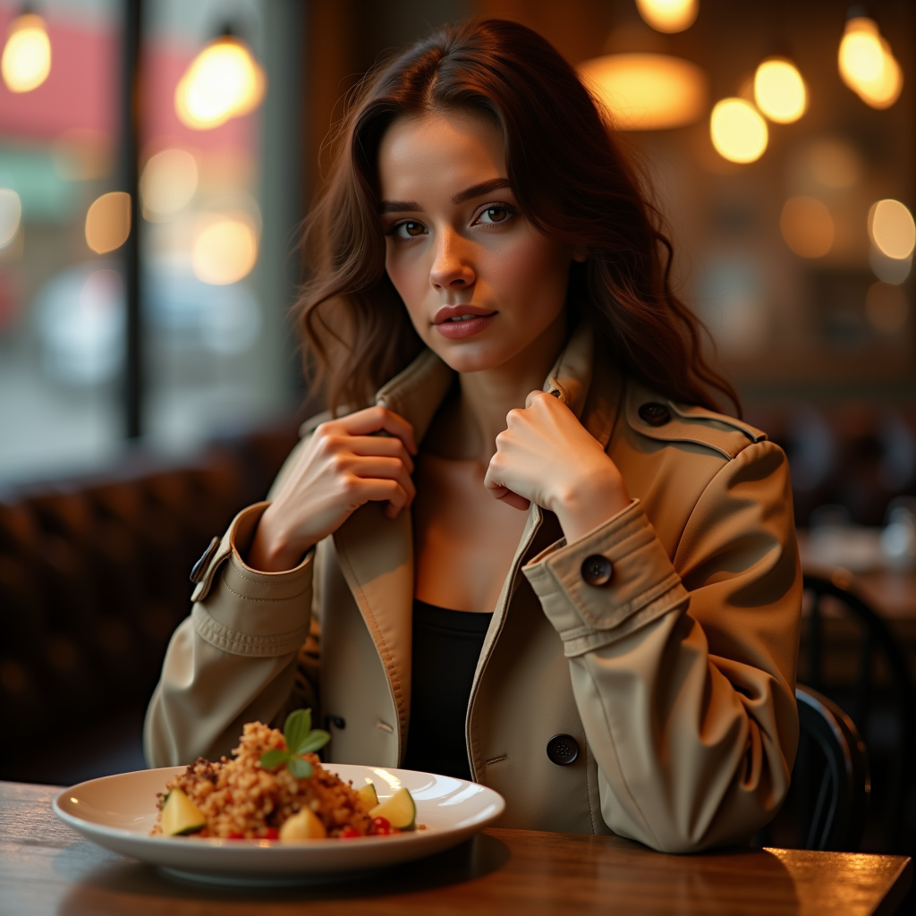 Food Photography — Model In A Structured Trench Coat Photography #0291 (Stable Diffusion)
