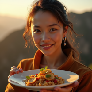 Food Photography — Traveler In Earth-toned Layers Against A Photography #0242 (Midjourney)