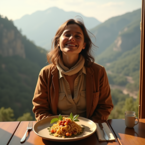 Food Photography — Traveler In Earth-toned Layers Against A Photography #0272 (Firefly)