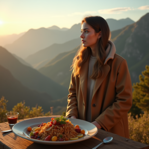 Food Photography — Traveler In Earth-toned Layers Against A Photography #0284 (Firefly)