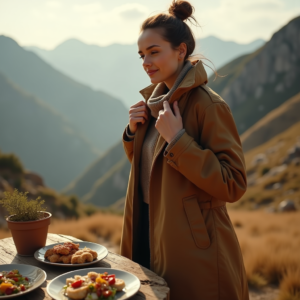 Food Photography — Traveler In Earth-toned Layers Against A Photography #0290 (Midjourney)