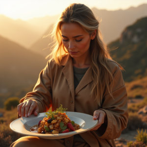 Food Photography — Traveler In Earth-toned Layers Against A Photography #0314 (Midjourney)