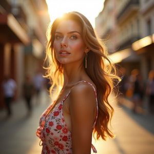 Food Photography — Woman In A Flowing Floral Sundress Photography #0027 (Stable Diffusion)