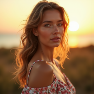Food Photography — Woman In A Flowing Floral Sundress Photography #0063 (Stable Diffusion)