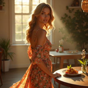 Food Photography — Woman In A Flowing Floral Sundress Photography #0075 (Stable Diffusion)