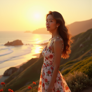 Food Photography — Woman In A Flowing Floral Sundress Photography #0135 (Stable Diffusion)