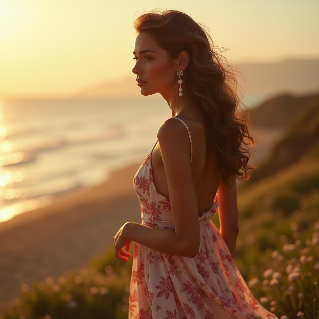 Food Photography — Woman In A Flowing Floral Sundress Photography #0207 (Stable Diffusion)