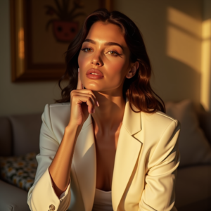 Food Photography — Woman In A Tailored Ivory Blazer Photography #0226 (Ideogram)