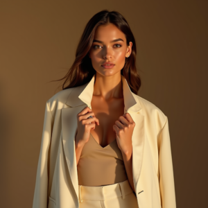 Food Photography — Woman In A Tailored Ivory Blazer Photography #0250 (Ideogram)