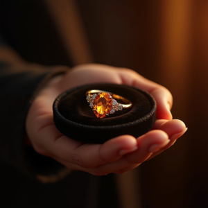 Jewelry — Faceted Gemstone Ring Nestled In Dark Product Ads #0005 (Dreamina)
