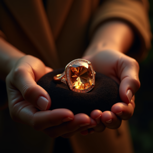Jewelry — Faceted Gemstone Ring Nestled In Dark Product Ads #0017 (Dreamina)
