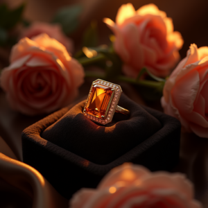 Jewelry — Faceted Gemstone Ring Nestled In Dark Product Ads #0113 (Dreamina)