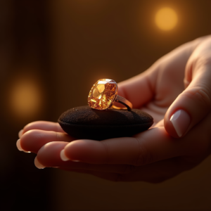 Jewelry — Faceted Gemstone Ring Nestled In Dark Product Ads #0221 (Dreamina)
