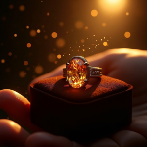 Jewelry — Faceted Gemstone Ring Nestled In Dark Product Ads #0234 (Midjourney)