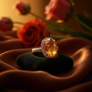 Jewelry — Faceted Gemstone Ring Nestled In Dark Product Ads #0342 (Midjourney)