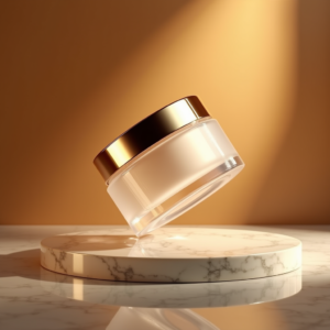 Jewelry — Frosted-glass Cosmetics Jar With A Brushed-silver Product Ads #0074 (Ideogram)