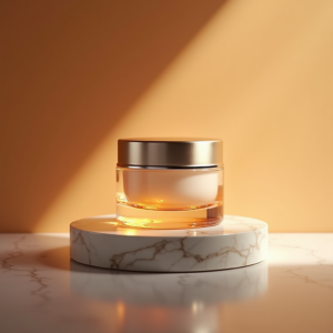 Jewelry — Frosted-glass Cosmetics Jar With A Brushed-silver Product Ads #0086 (Ideogram)