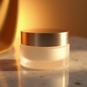 Jewelry — Frosted-glass Cosmetics Jar With A Brushed-silver Product Ads #0194 (Ideogram)