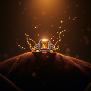 Luxury Product Ads — Faceted Gemstone Ring Nestled In Dark Product Ads #0059 (Midjourney)