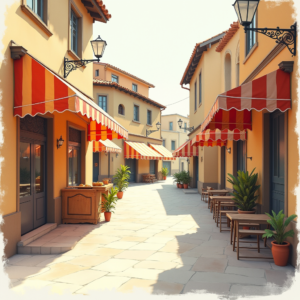 Minimalist — Charming Market Street Lined With Striped Illustration Styles #0023 (Krea)