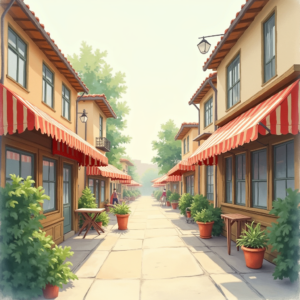 Minimalist — Charming Market Street Lined With Striped Illustration Styles #0029 (Leonardo)