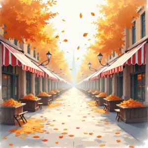 Minimalist — Charming Market Street Lined With Striped Illustration Styles #0047 (Krea)