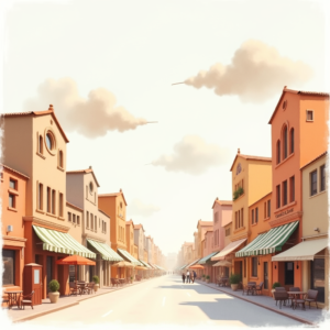 Minimalist — Charming Market Street Lined With Striped Illustration Styles #0053 (Leonardo)